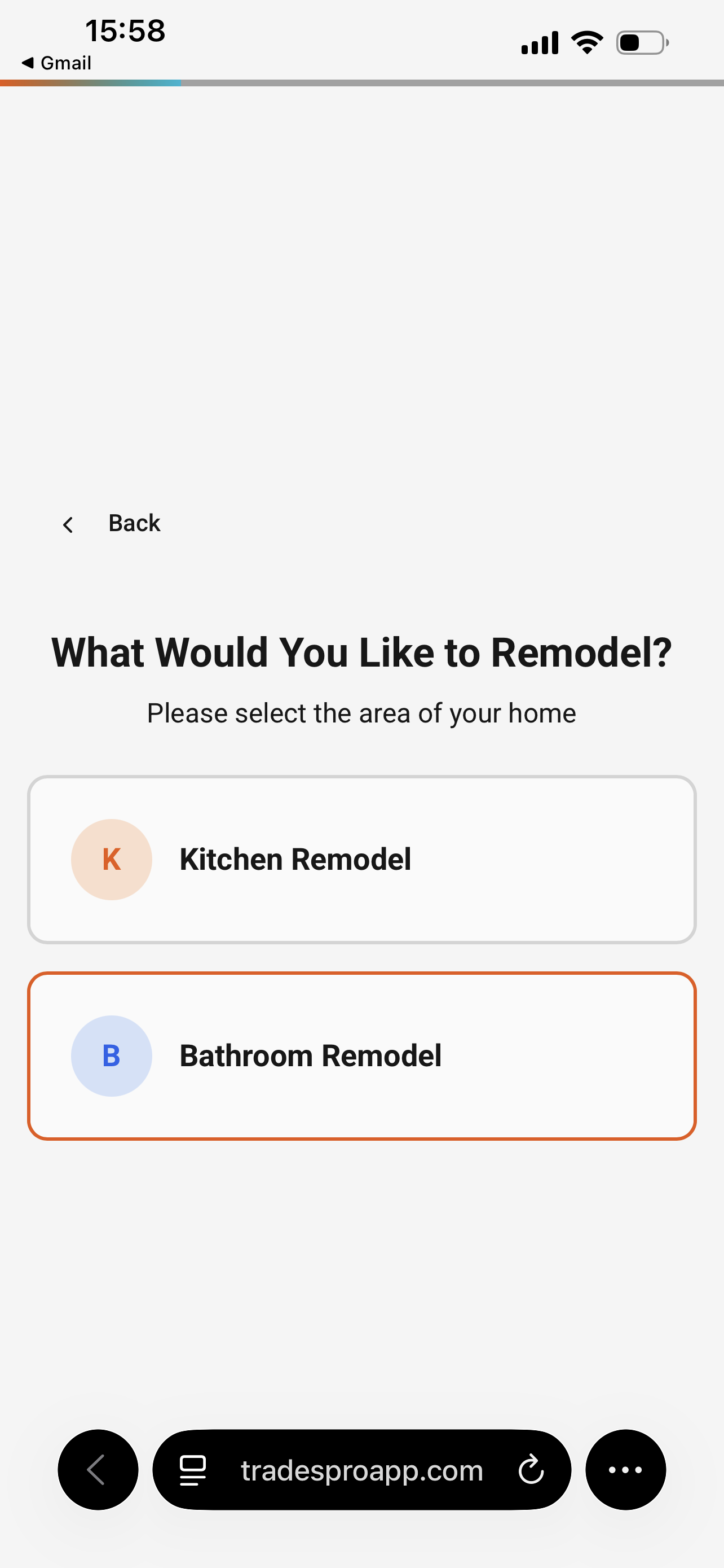 Intake form asking what the customer wants to remodel