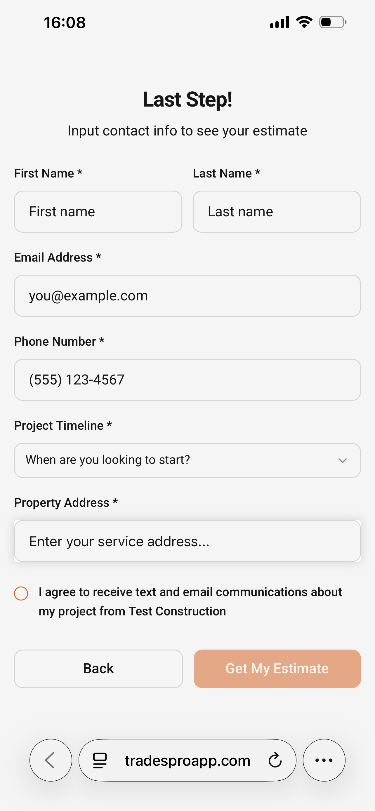 Intake form collecting customer contact info