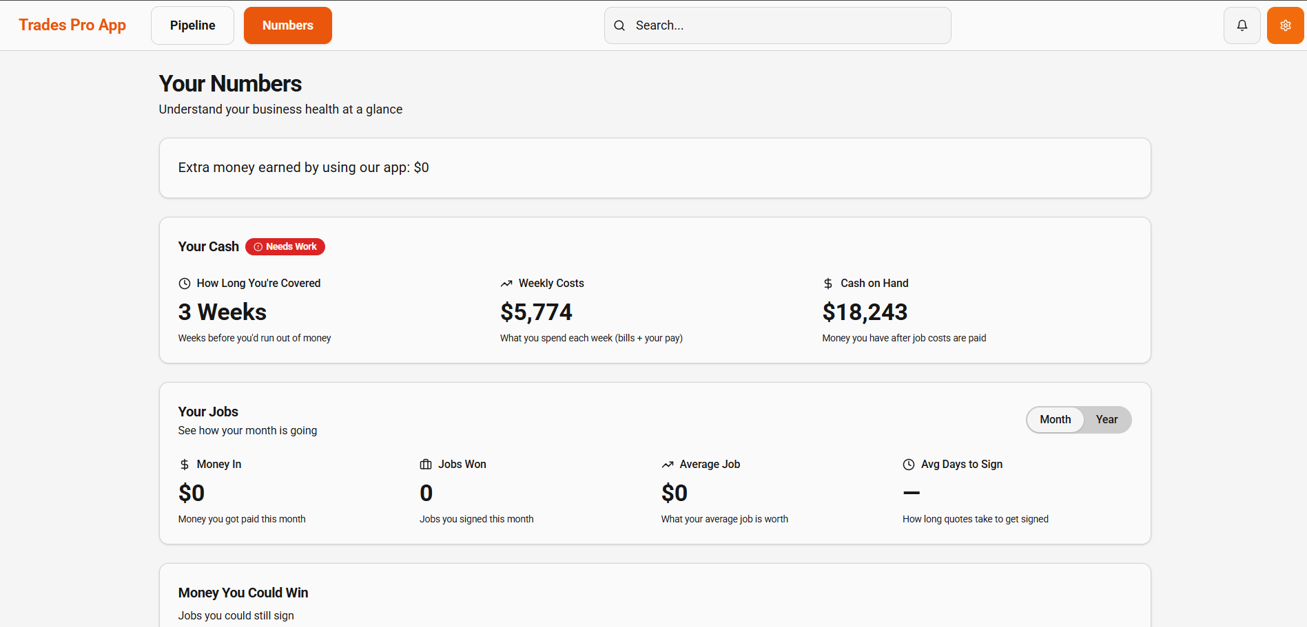 Numbers dashboard showing cash position, weekly costs, and job stats