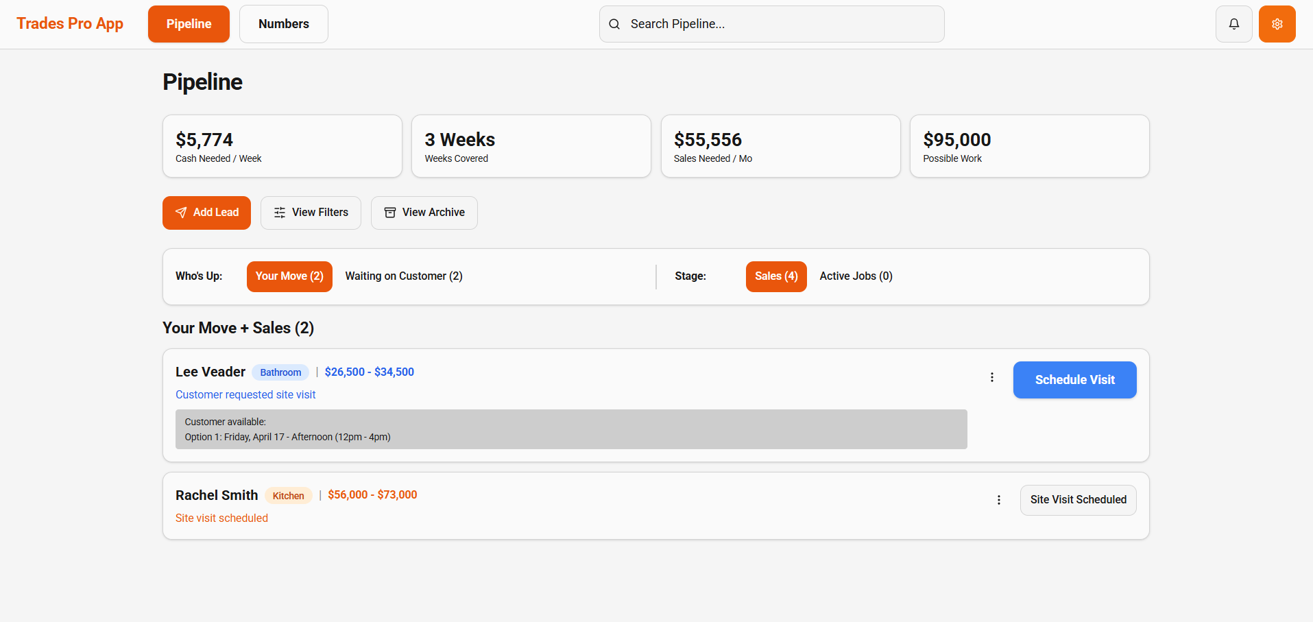 Trades Pro App pipeline view showing jobs, financials, and next actions
